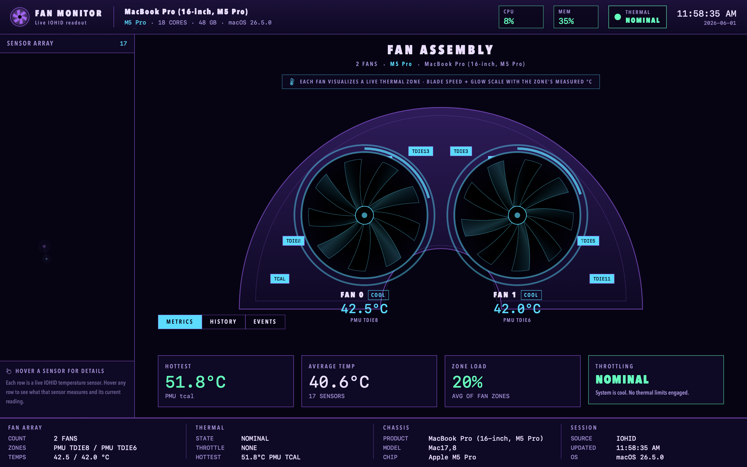 Heatsink dashboard with the Quantum theme — indigo void with drifting violet particles linked by faint lines