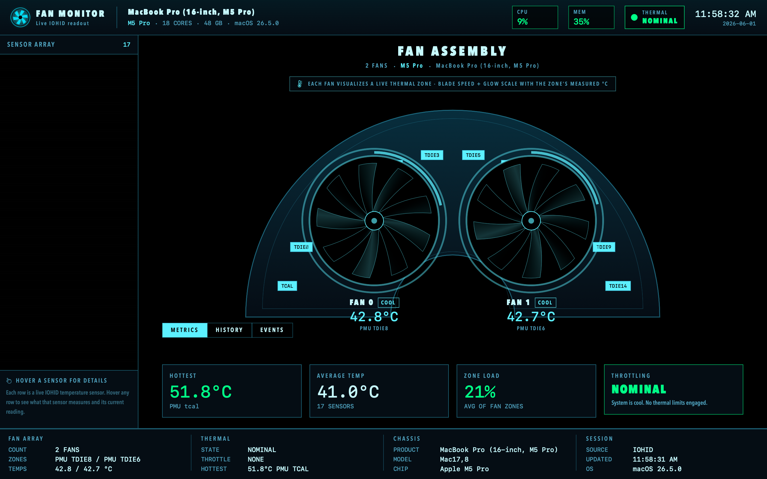 Heatsink dashboard with the Voltage theme — pure black with neon cyan accents